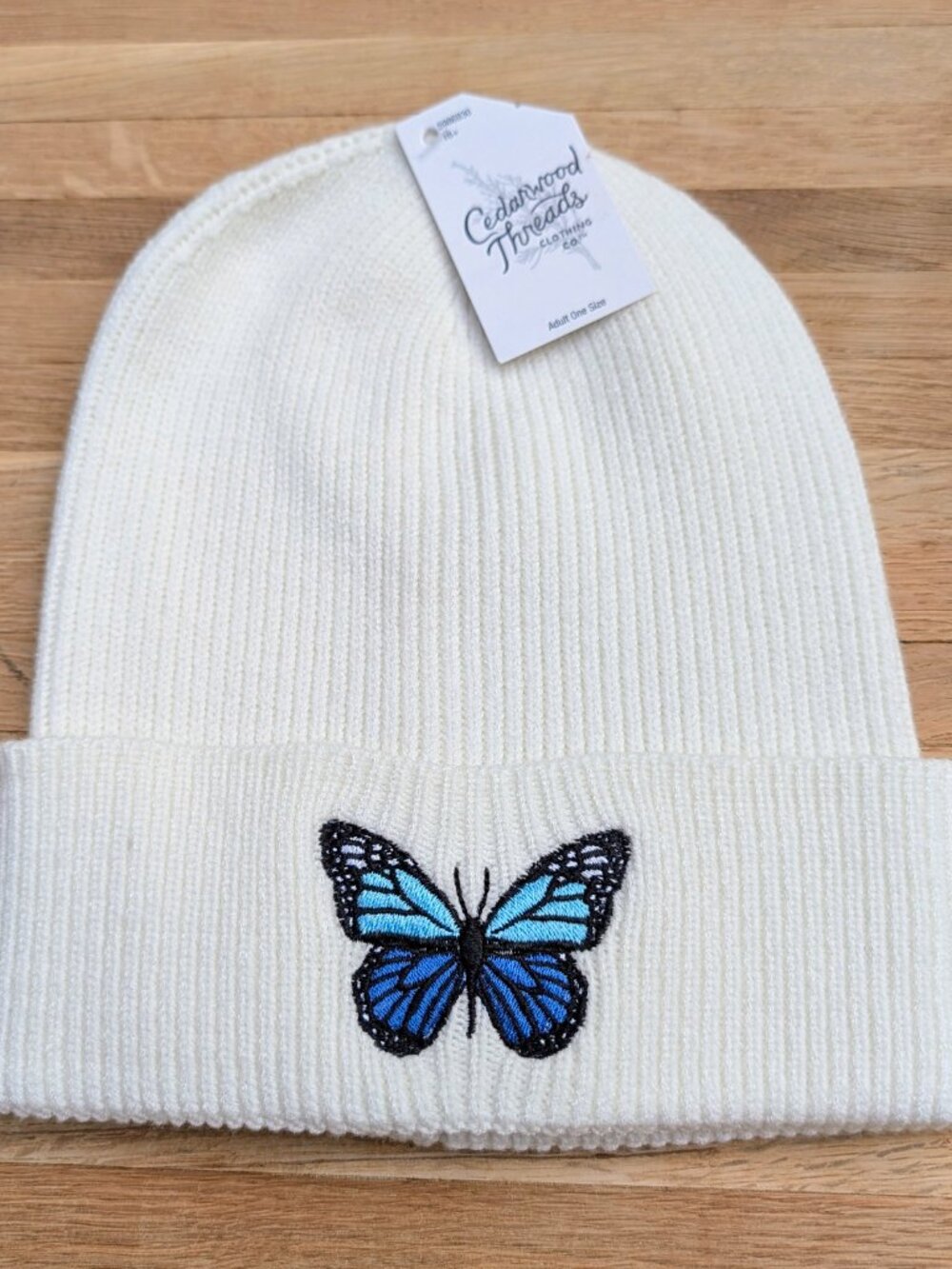 Cuffed Beanie Hat with Blue Embroidered Butterfly Patch - NWT